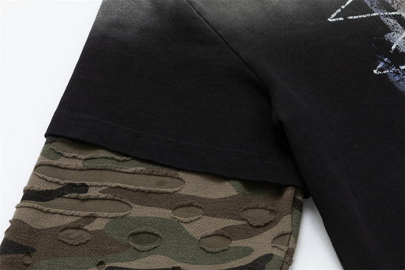 Oversized Faux-Layer Long Sleeve Tee with Camo Splice & Distressed Washed Print