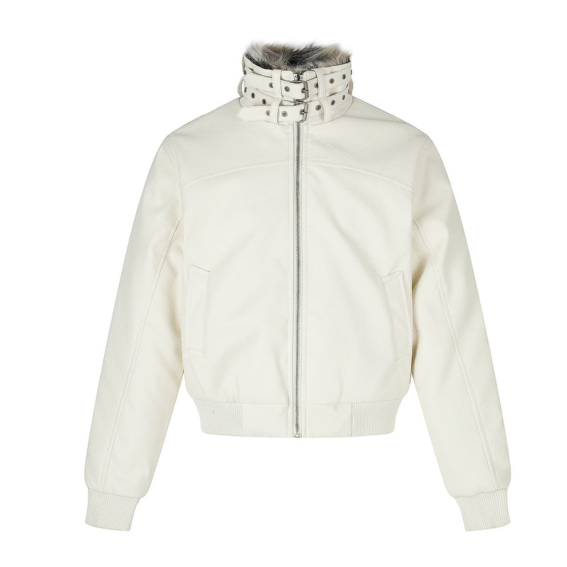Faux Leather Bomber Jacket with Fur Collar and Buckle Detail