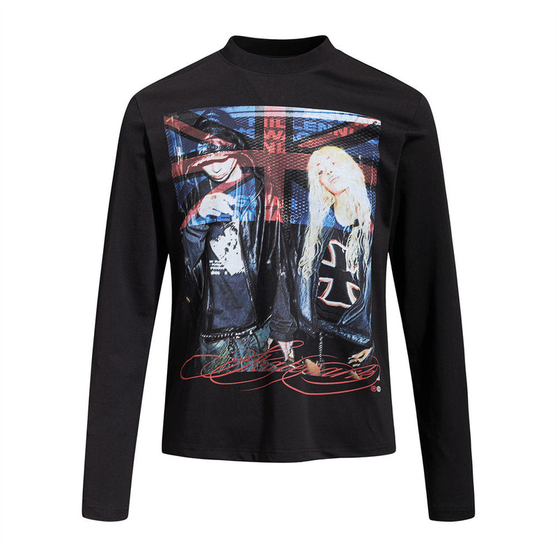 Men's hip-hop rock graphic long sleeve crew neck t-shirt in black with Union Jack and figure print