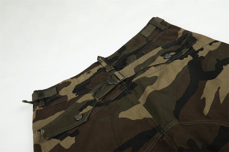Camo Cargo Pants Wide-Leg Multi-Pocket Zip-Hem Trousers