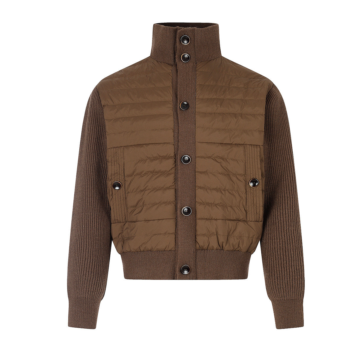 Gesteppte Puffer-Hybridjacke – Strickärmel und Stehkragen
