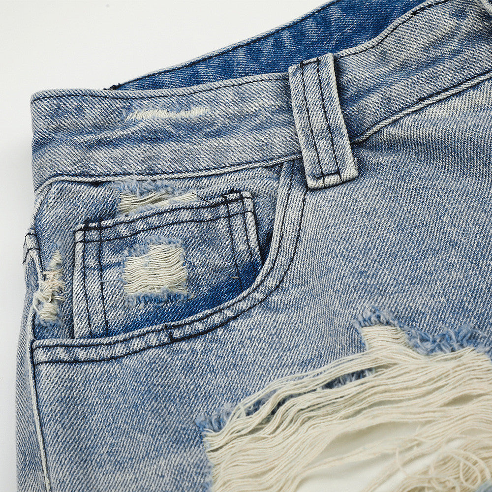 Baggy Jean Shorts Men – Distressed Ripped Denim, Washed Light Blue