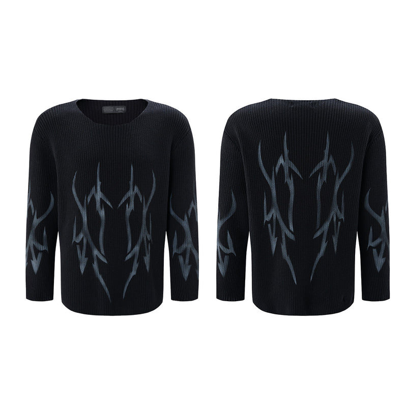 Pull jacquard en maille à col rond Tribal Flame – Streetwear noir