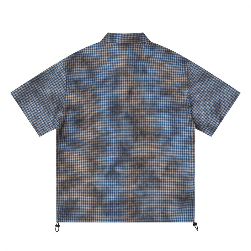 Men's Short Sleeve Shirt – Plaid Tie-Dye Washed Check with Drawstring Hem