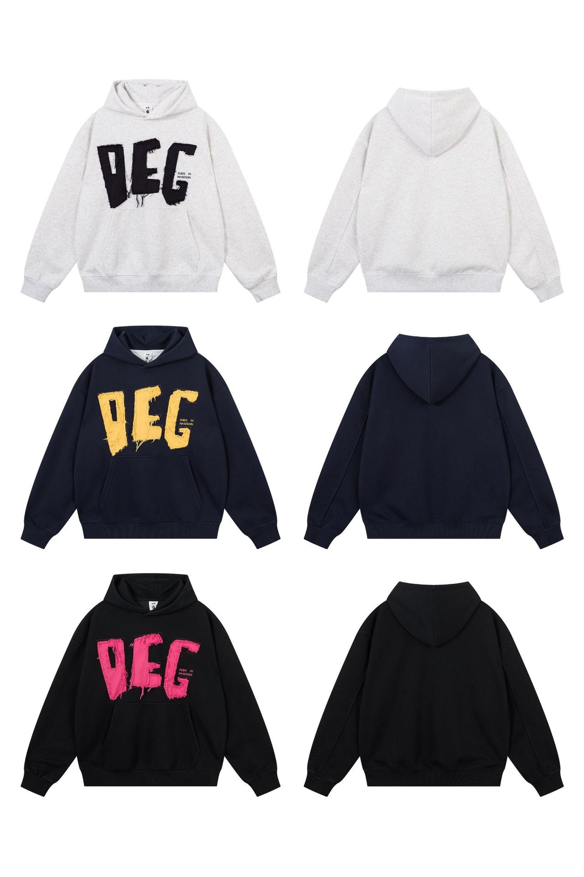 DEG Patch Letter Oversized Hoodie – Frayed Appliqué Streetwear Pullover