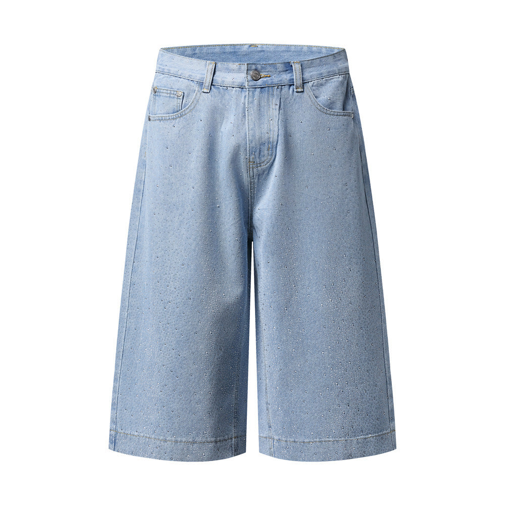 Wide-Leg Denim Shorts with Allover Rhinestone Detail – Men's Cropped Jean Shorts