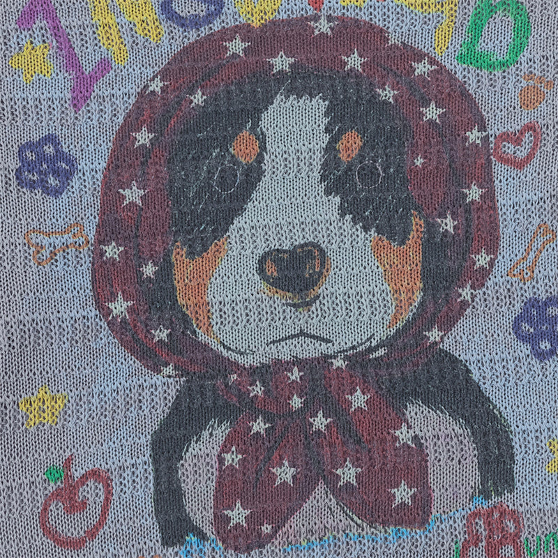 Jersey de punto de cuello redondo con gráfico de cachorro – Corte holgado y manga larga de punto calado