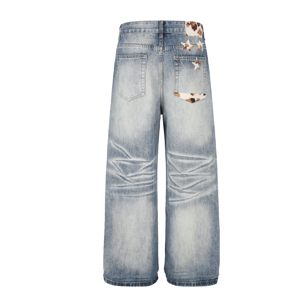 Jean baggy taille mi-haute – Denim délavé à jambes larges avec patchwork étoilé effet vache