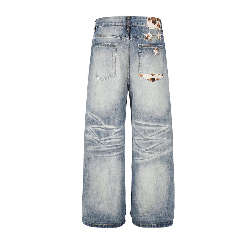 Jean baggy taille mi-haute – Denim délavé à jambes larges avec patchwork étoilé effet vache
