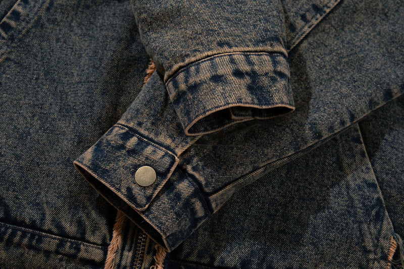 Hooded Denim Jacket with Fur Collar, Number 23 Varsity Patch & Acid Wash Finish