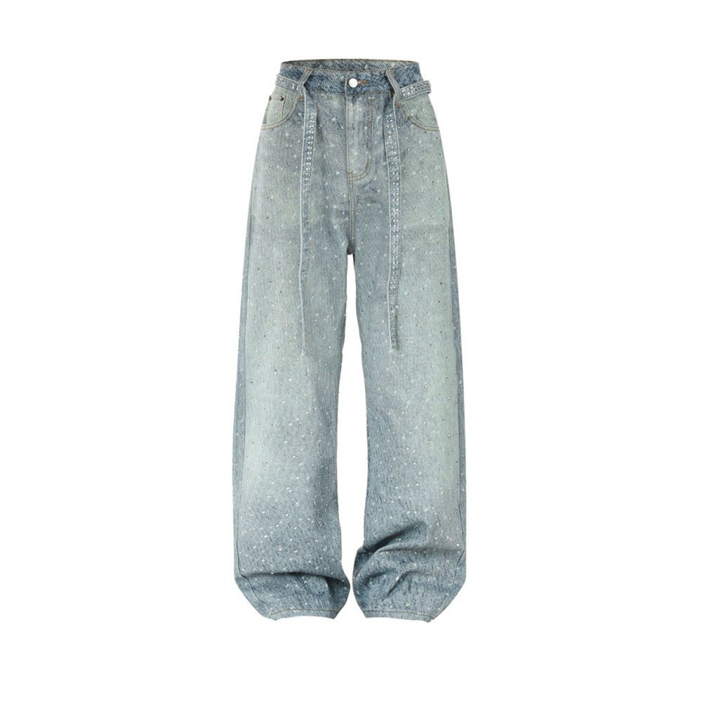 Y2K Baggy Jeans Mens Wide-Leg Rhinestone Embellished Denim Pants
