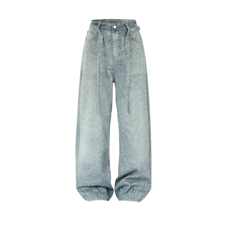Y2K Baggy Jeans Mens Wide-Leg Rhinestone Embellished Denim Pants