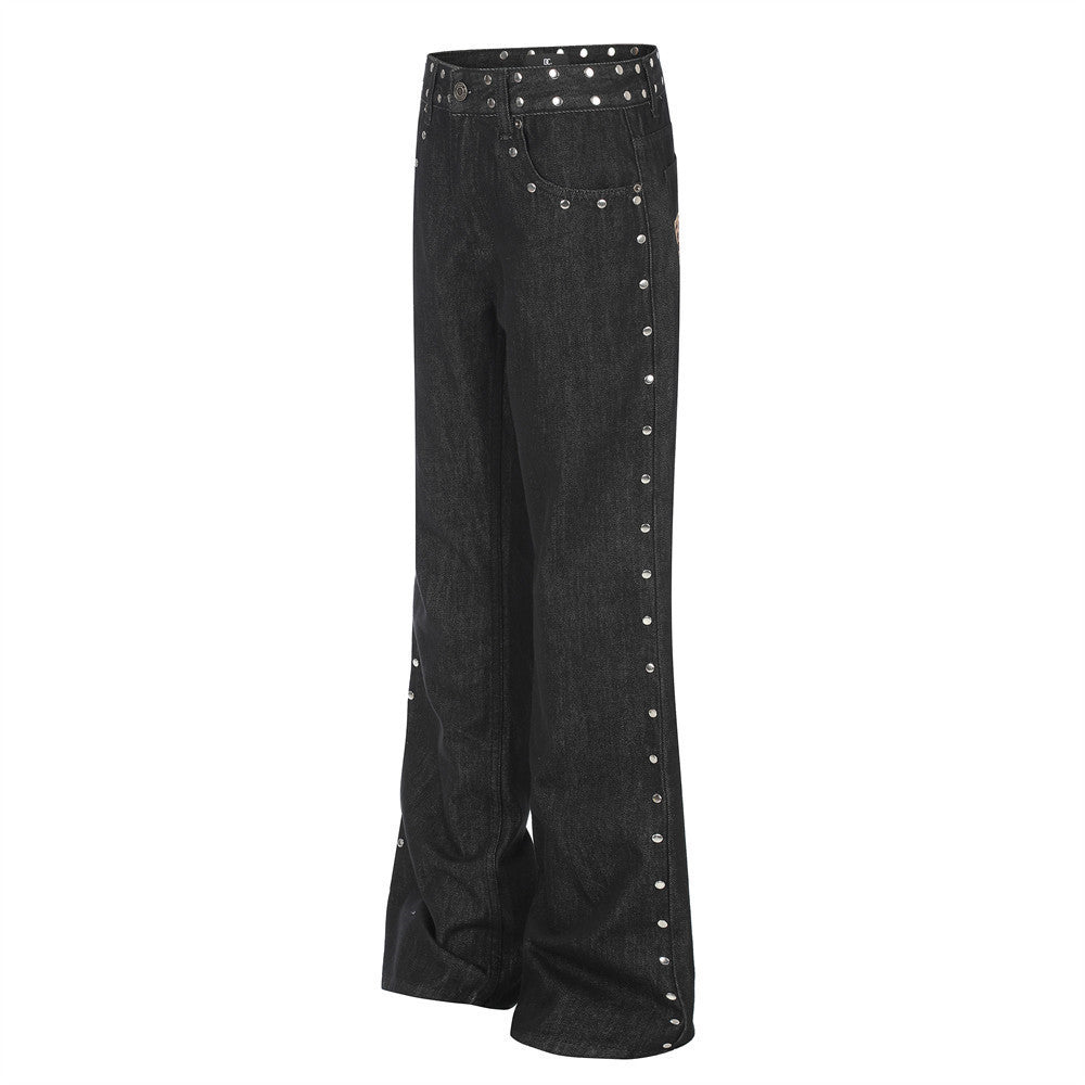 Jean bootcut noir pour homme avec rivets latéraux et patchs arrière étoile léopard