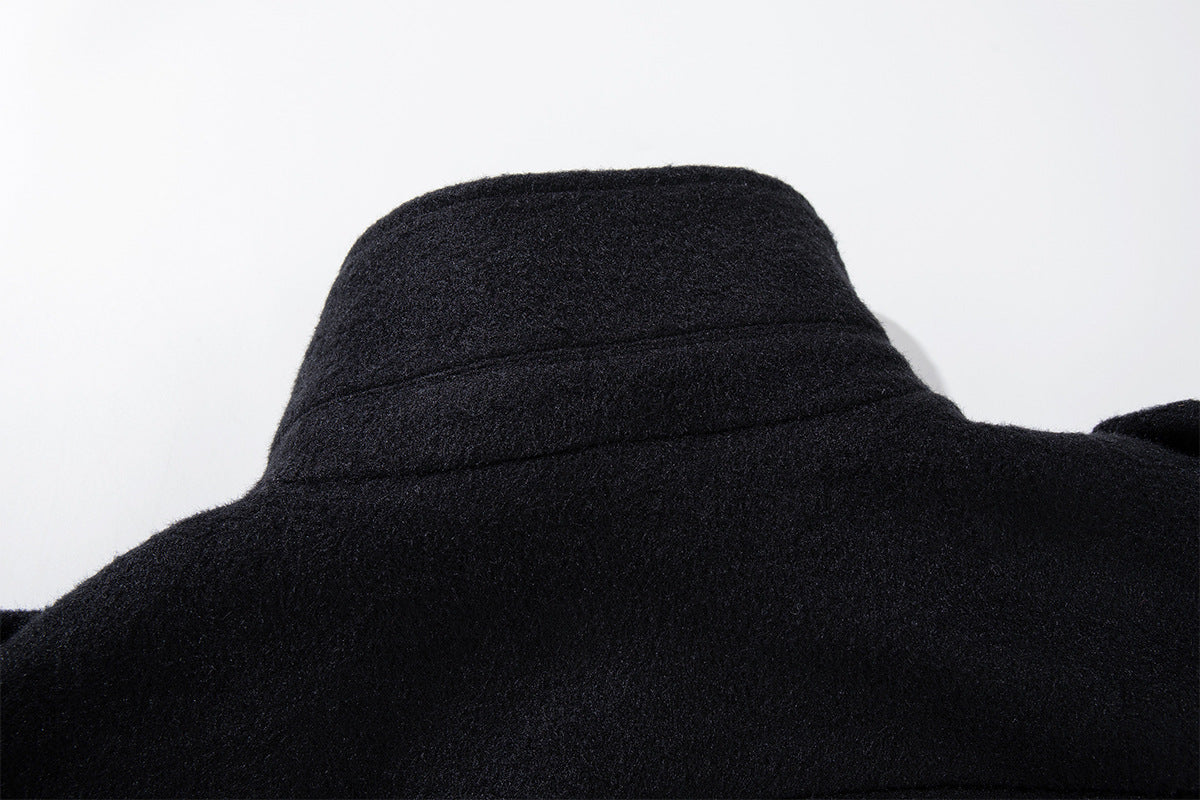 Men's Black Double-Breasted Military Wool Jacket with Stand Collar