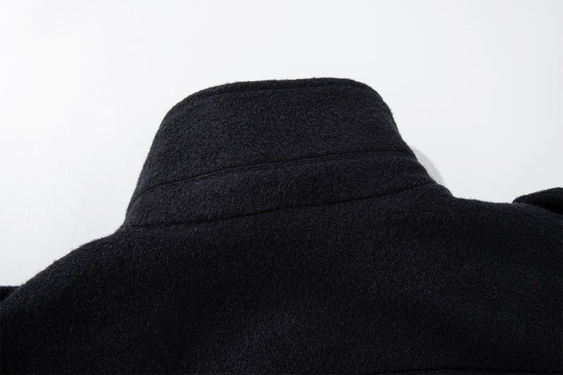 Men's Black Double-Breasted Military Wool Jacket with Stand Collar