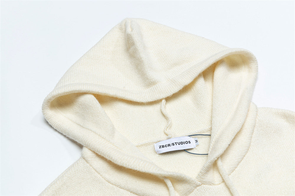 Letter Jacquard Knit Hoodie with Fringe Hem – Streetwear Pullover
