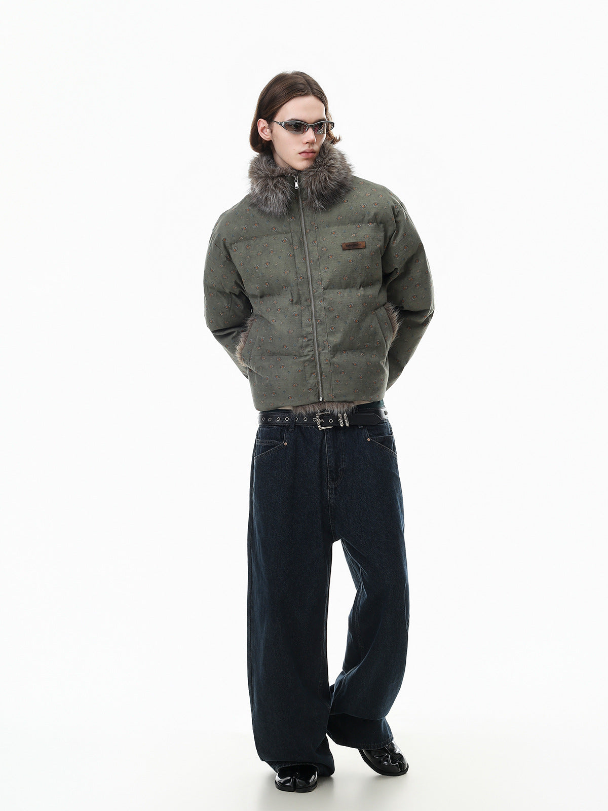 Floral Print Puffer Jacket with Faux Fur Collar – Cropped Fit Men's Winter Coat