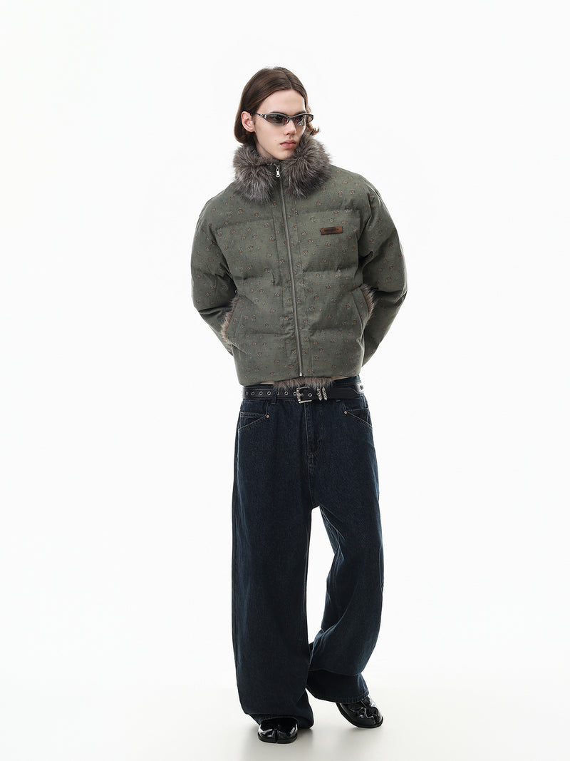 Floral Print Puffer Jacket with Faux Fur Collar – Cropped Fit Men's Winter Coat