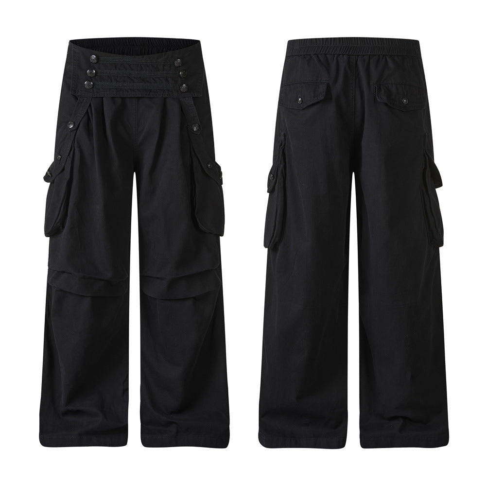 Black wide-leg cargo pants for men with double-breasted snap-button waistband and oversized side cargo pockets
