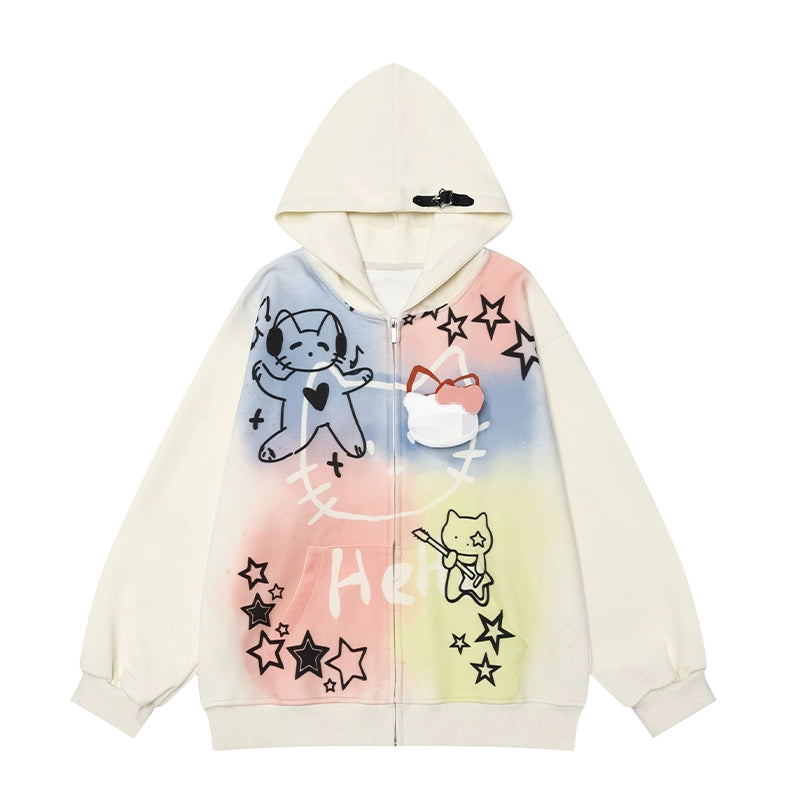 Introducing the Seakoff Pastel Cat Graffiti Hoodie: a kawaii-inspired full-zip sweatshirt in pastel tie-dye shades of pink, blue, and yellow. It showcases cartoon cats, stars, a rainbow graphic, and features a decorative buckle on the hood with the cheerful word &quot;Hello.