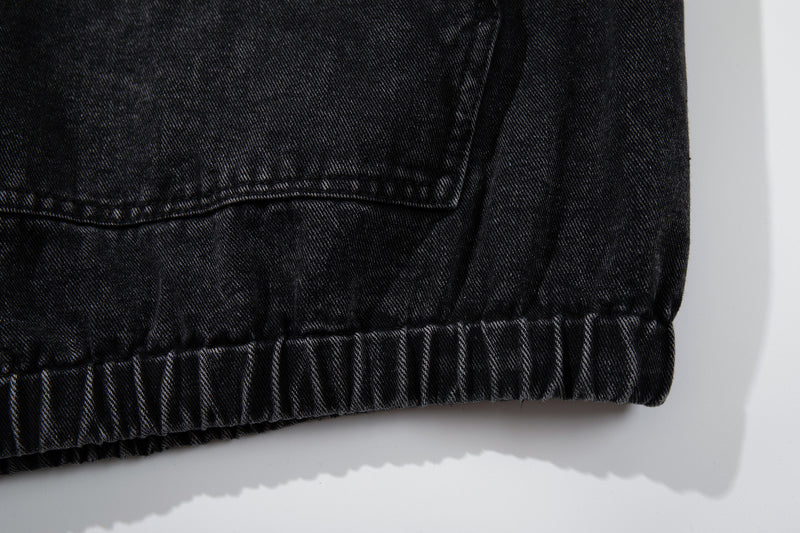 Washed Black Denim Hoodie Pullover with Metal Clasp Buckles