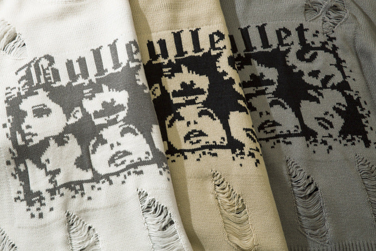 Distressed Knit Sweater with Face Graphic Print and Fringe Holes – American
