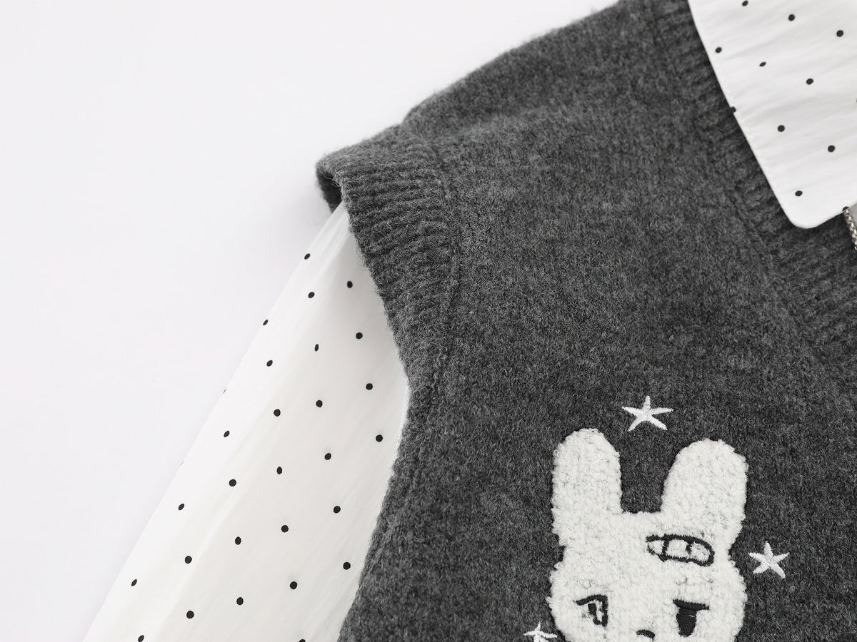 Sweater Faux Two-Piece Knit Vest with Polka Dot Shirt Collar & Bunny Embroidery