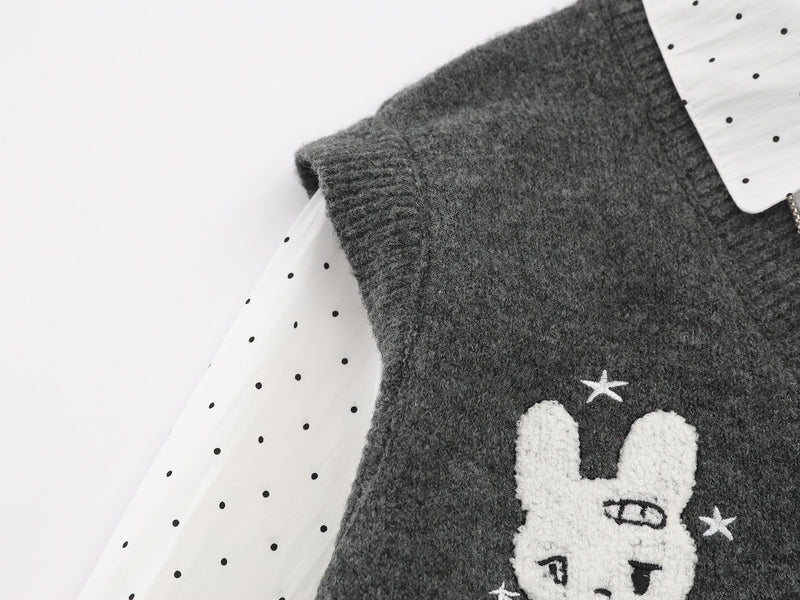 Sweater Faux Two-Piece Knit Vest with Polka Dot Shirt Collar & Bunny Embroidery