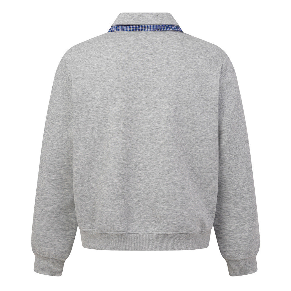 Sweat-shirt homme à col polo et bordure à carreaux | Coupe décontractée, manches longues