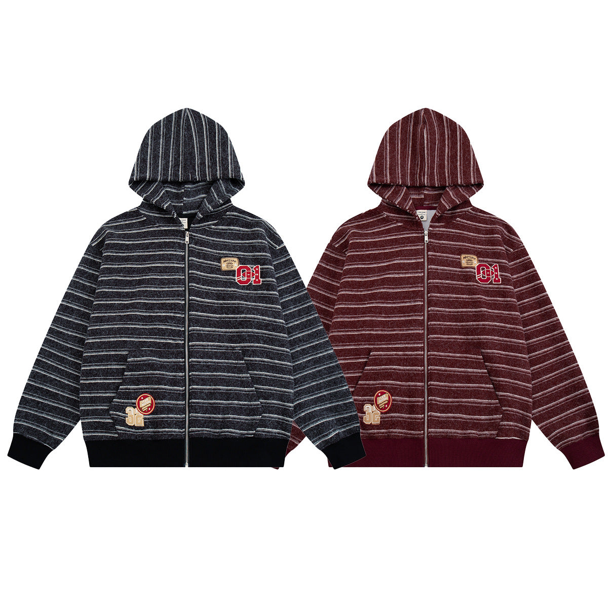 Sudadera de rayas con cremallera y parches varsity – Cárdigan retro americano de felpa