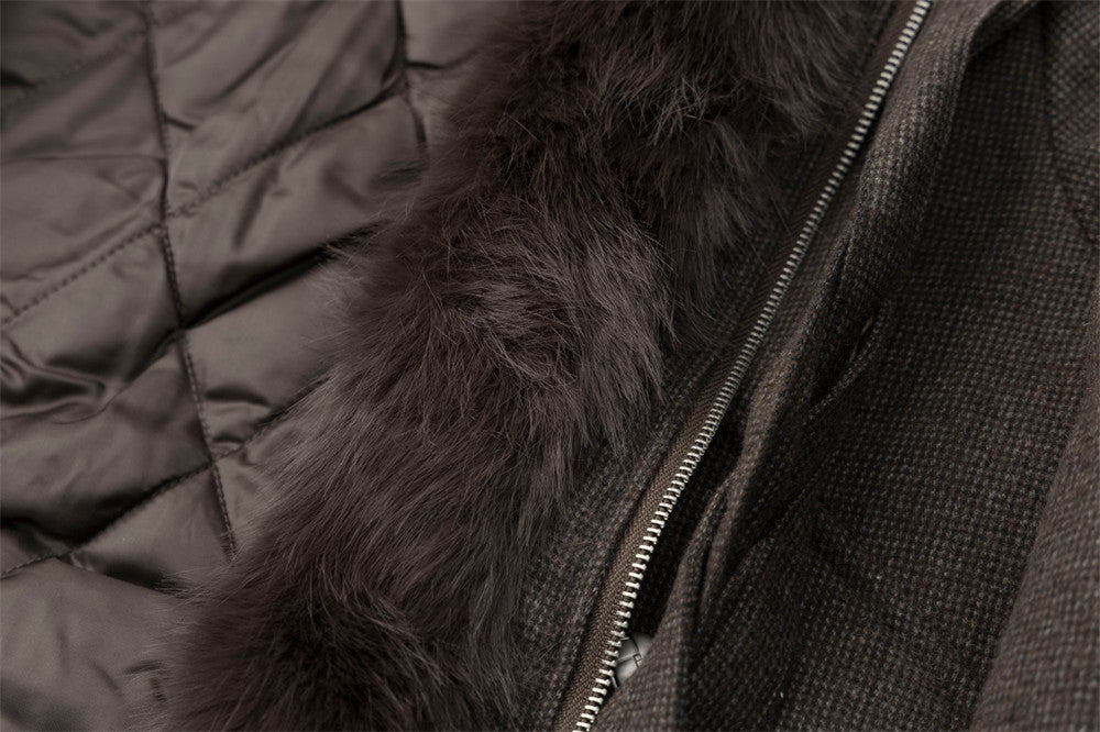 Men's Fur Collar Bomber Jacket – Houndstooth Wool-Blend with Cargo Pockets