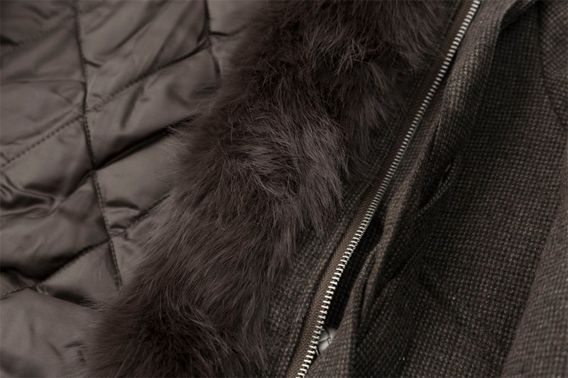 Men's Fur Collar Bomber Jacket – Houndstooth Wool-Blend with Cargo Pockets
