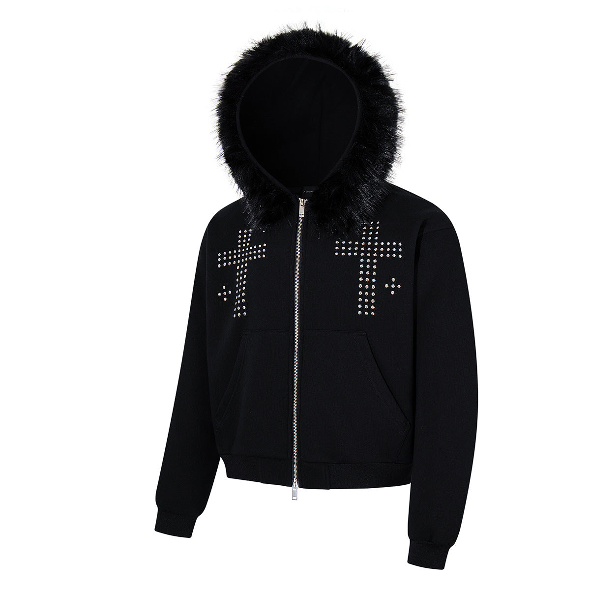 Black Zip-Up Hoodie with Faux Fur Hood & Silver Cross Studs