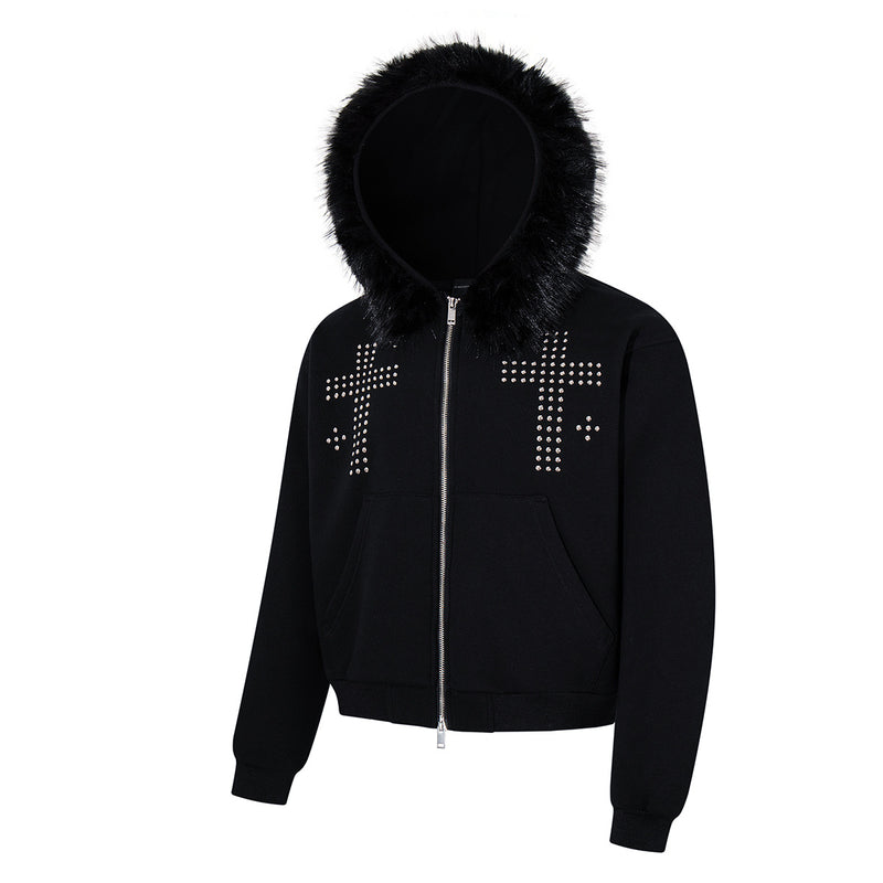 Black Zip-Up Hoodie with Faux Fur Hood & Silver Cross Studs