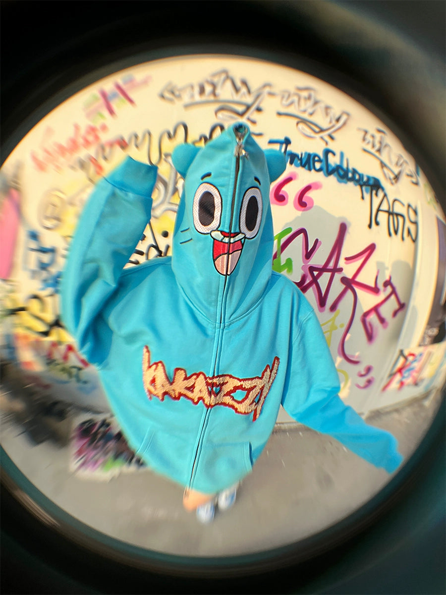 Adorable Blue Cartoon Hoodie - 400GSM Cotton with Playful Face Design