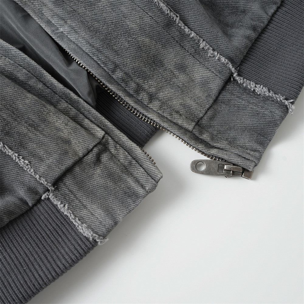 Bomber délavé et usé – Patchwork déconstruit à bords effilochés, coupe oversize