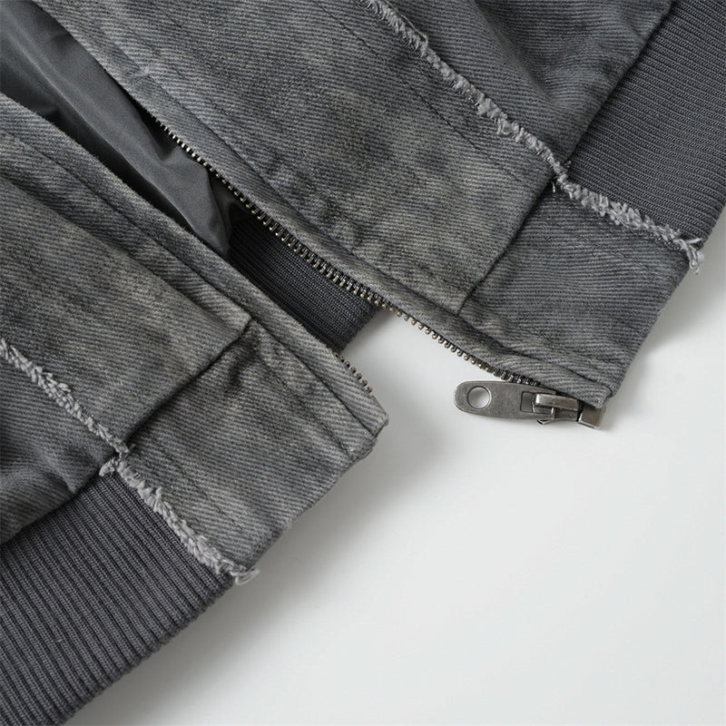 Bomber délavé et usé – Patchwork déconstruit à bords effilochés, coupe oversize