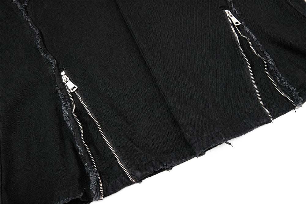 Black Wide-Leg Deconstructed Jeans – Zipper Detail & Raw-Edge Patchwork