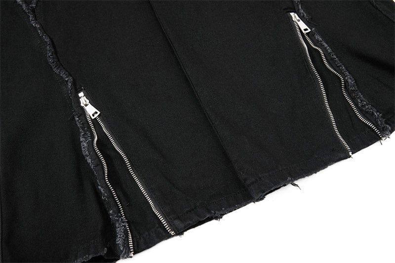 Black Wide-Leg Deconstructed Jeans – Zipper Detail & Raw-Edge Patchwork