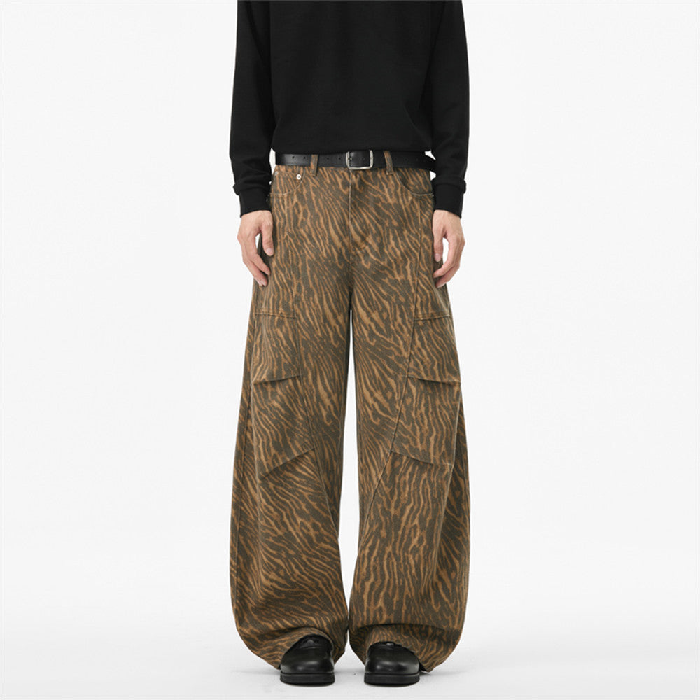 Men's oversized wide-leg cargo pants in vintage tiger stripe brown print with flap thigh pockets