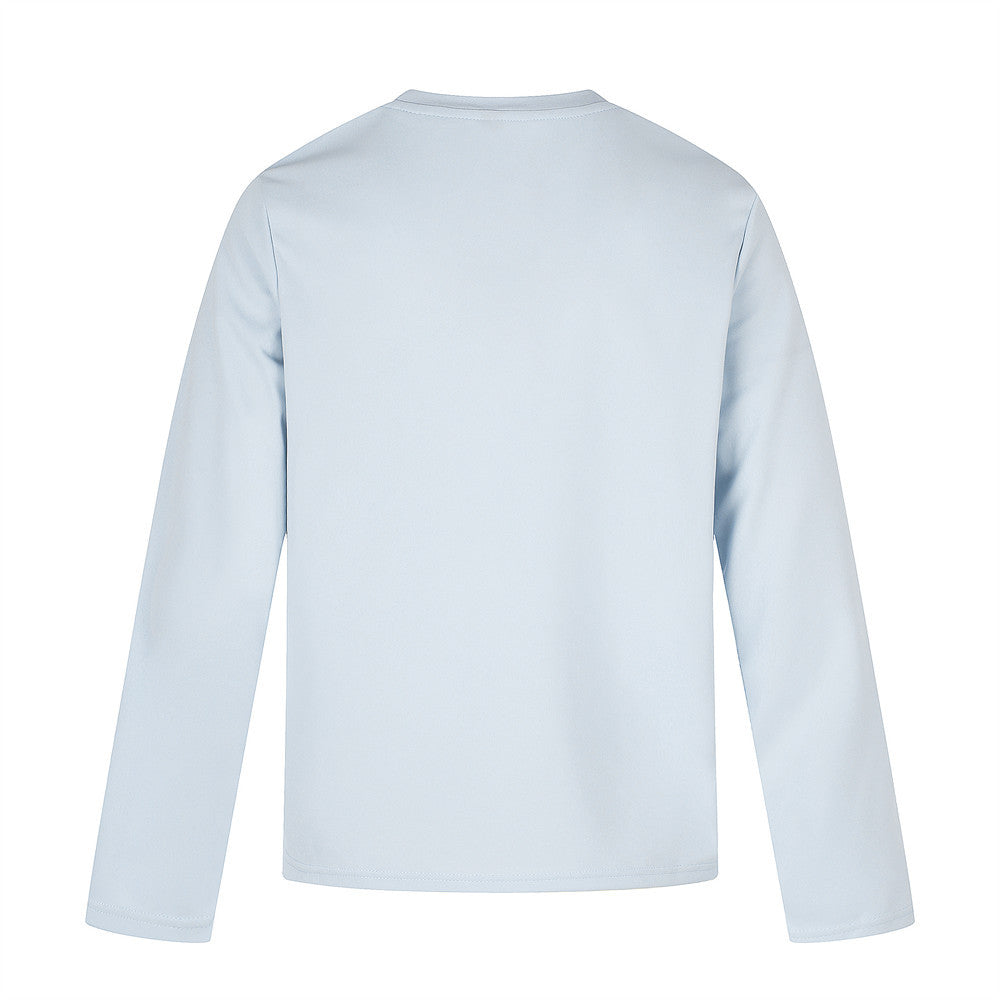 Back view of light blue long sleeve crew neck tee with plain solid back
