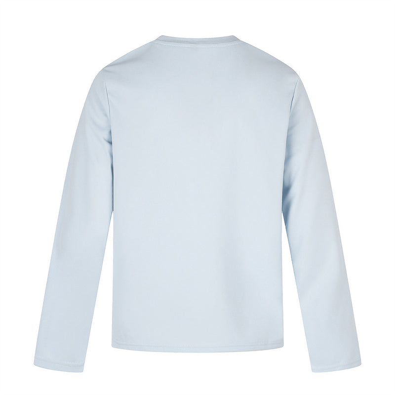 Back view of light blue long sleeve crew neck tee with plain solid back