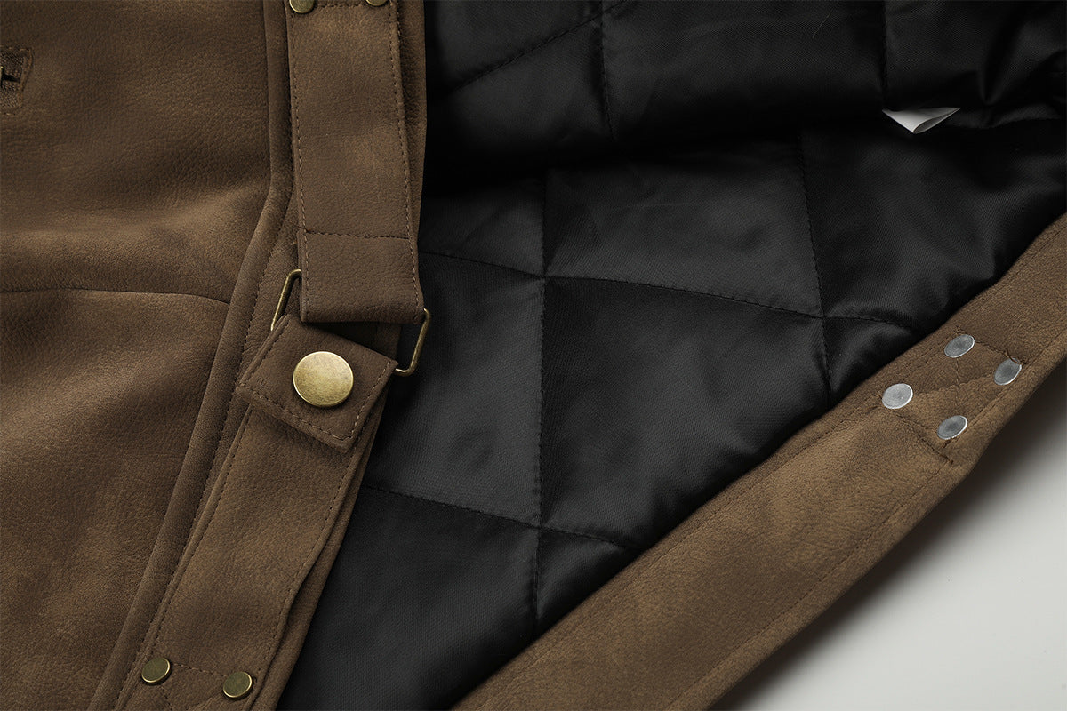 Faux Suede Shearling-Lined Moto Jacket with Buckle Straps