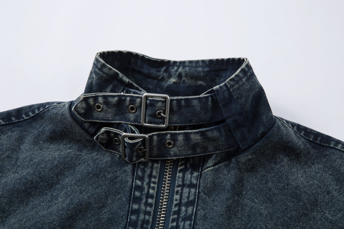 Oversized Washed Denim Jacket – Boxy Belted Hem, Acid-Wash Workwear Style