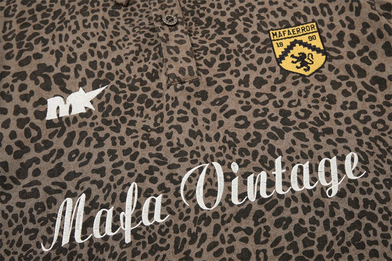 Mafa Vintage Leopard Print Short Sleeve Polo Shirt