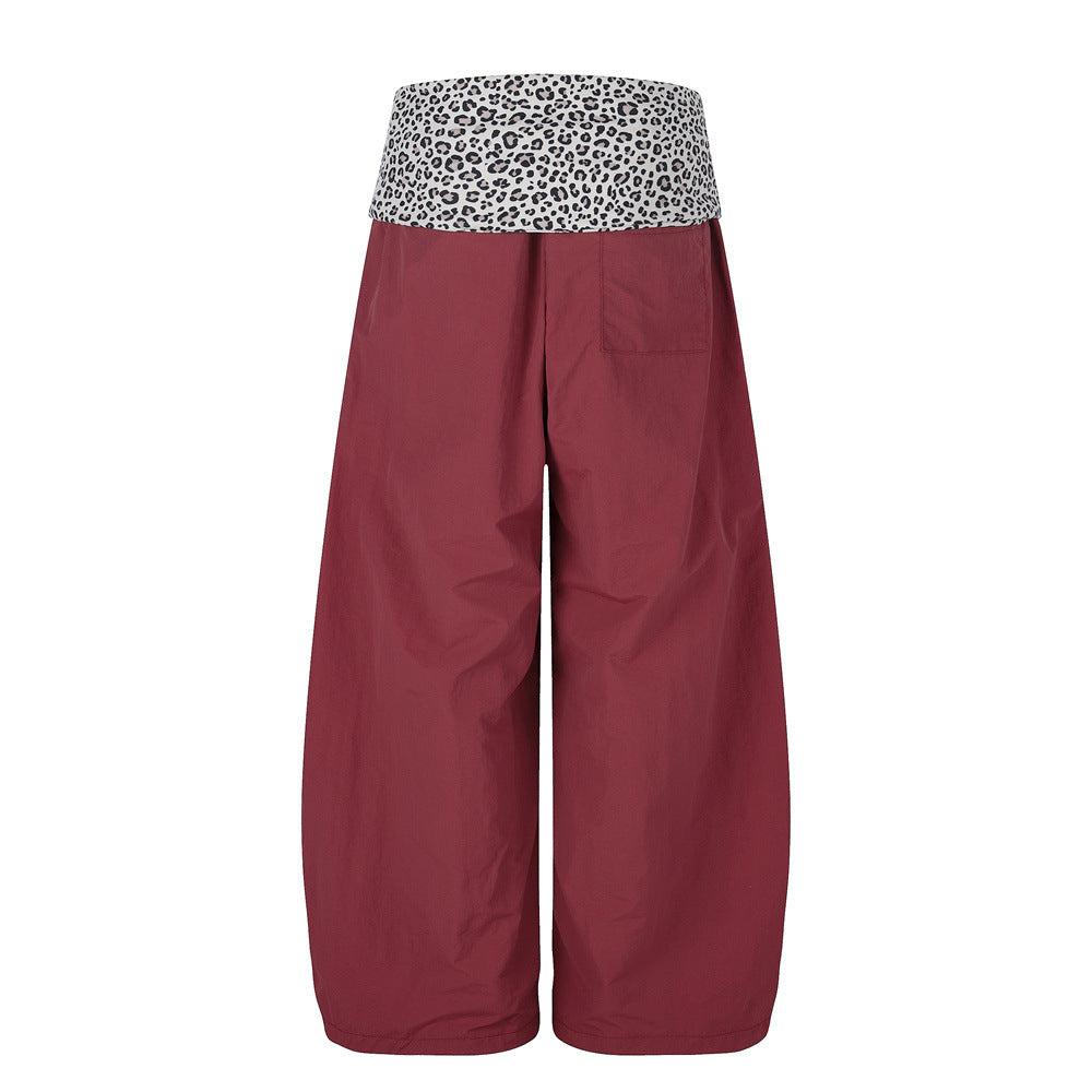 Wide-Leg Balloon Pants with Leopard Print Waistband & Drawstring Hem