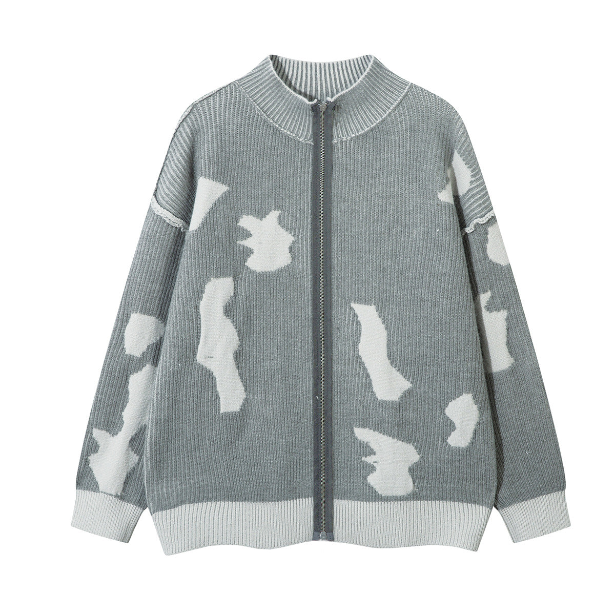 Distressed Knit Zip-Up Cardigan Jacket – Reversible Ribbed Sweater Coat