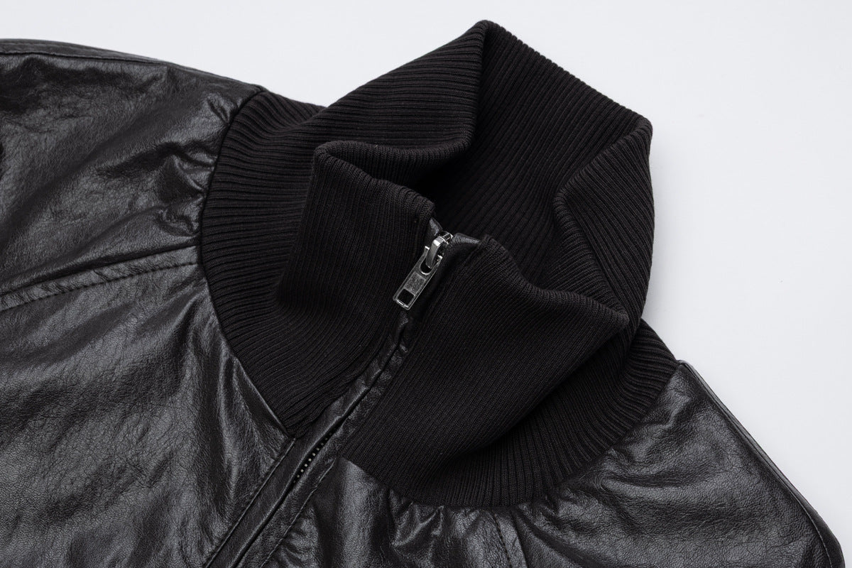 Blouson bomber en similicuir PU brodé – Style vintage racing et flight américain
