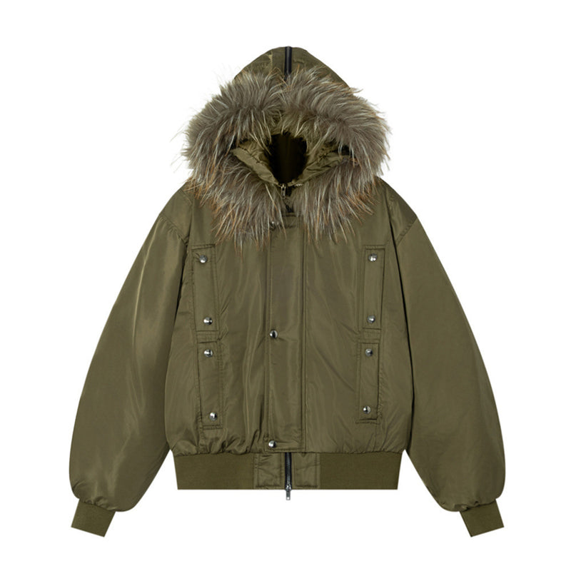 Veste bomber à capuche bordée de fourrure – Manteau d’hiver à poches multiples et double fermeture zippée
