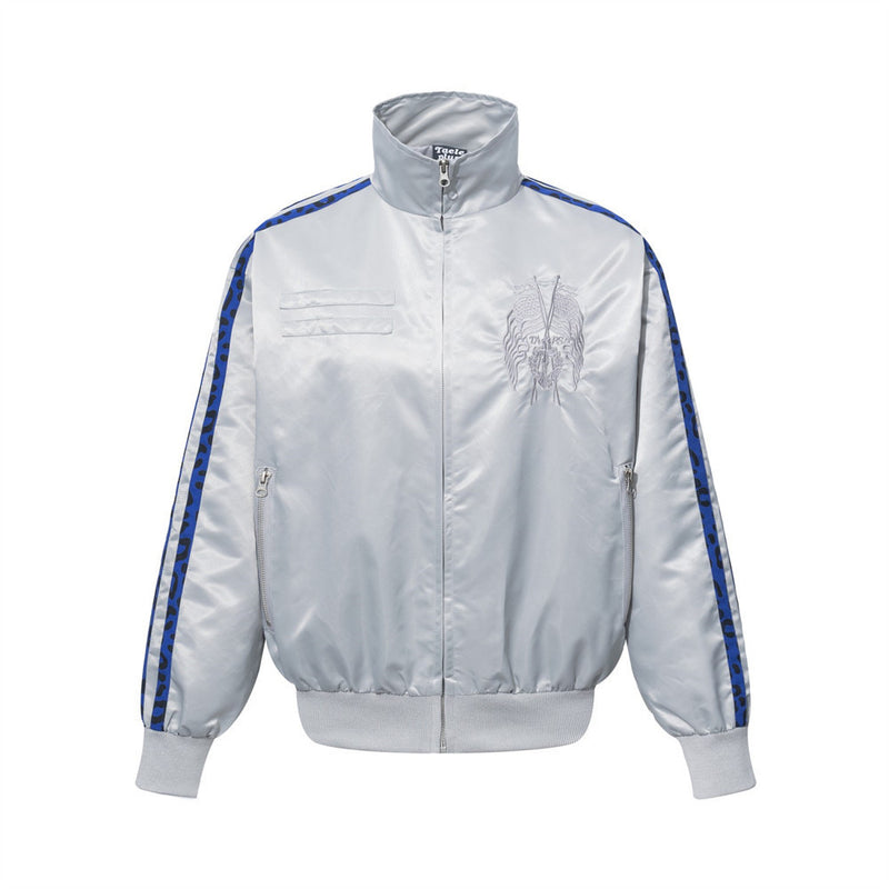 Men's Heavy Embroidery Stand Collar Satin Track Jacket with Tape Sleeves